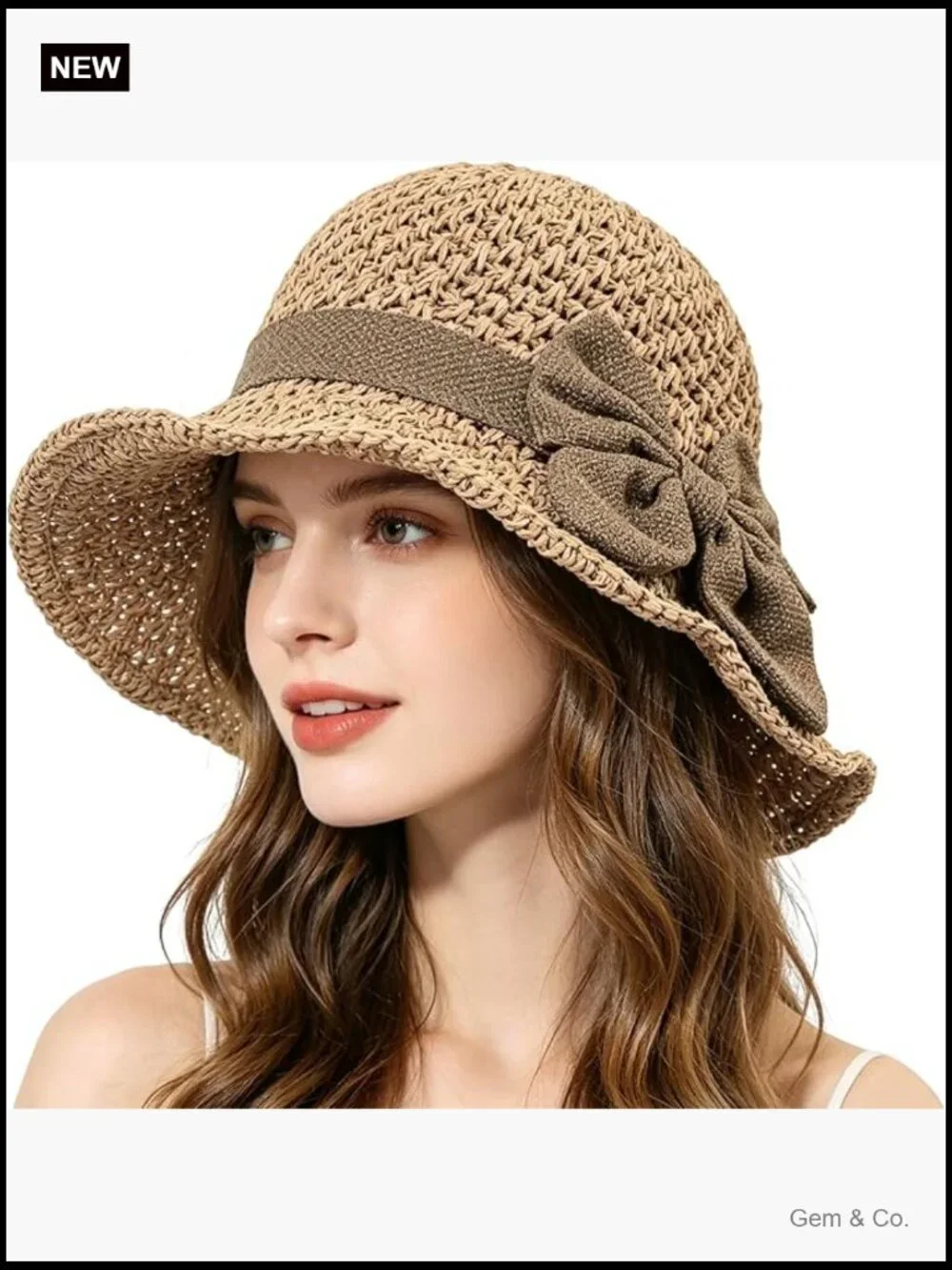 Woven Straw Sun Hat with Ruffled Bow, Foldable Travel Bucket Hat